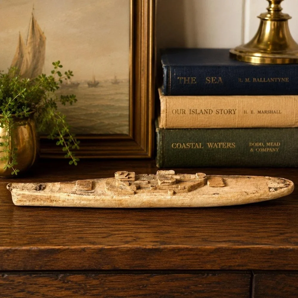Vintage Hand Carved Wood Ship Model Primitive Folk‎ Art Naval Decor